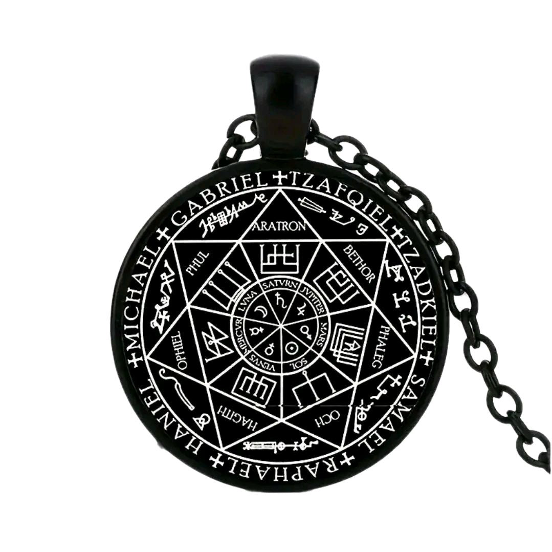 Black Serenity Angel Necklace pendant with intricate white angelic symbols and names on a stainless steel chain