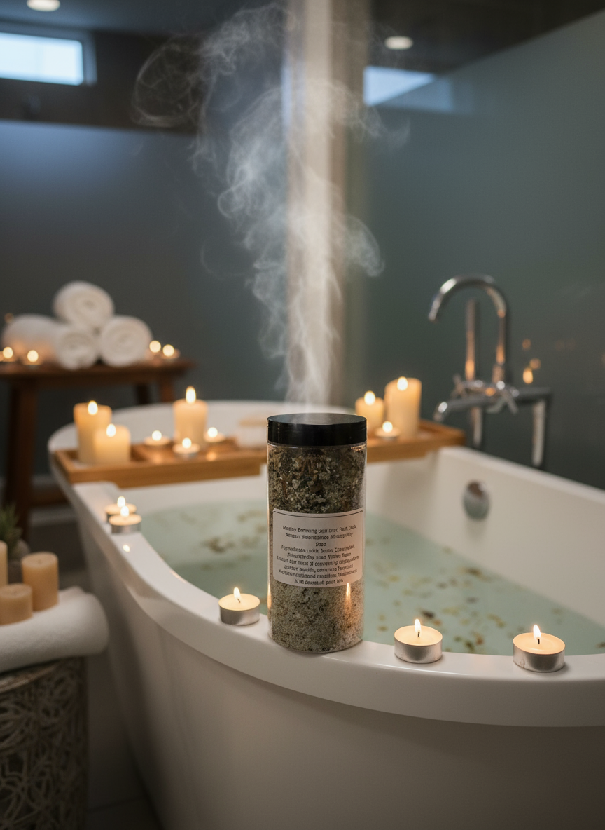 Money Blessing Spiritual Salt jar near lit candles by calming bathtub for prosperity and abundance bath ritual