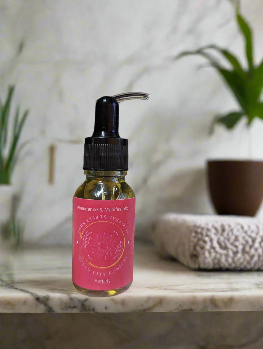 Fertility Conjure Oil bottle with Premium Carnelian crystal for vitality and intimacy, set on a marble surface.