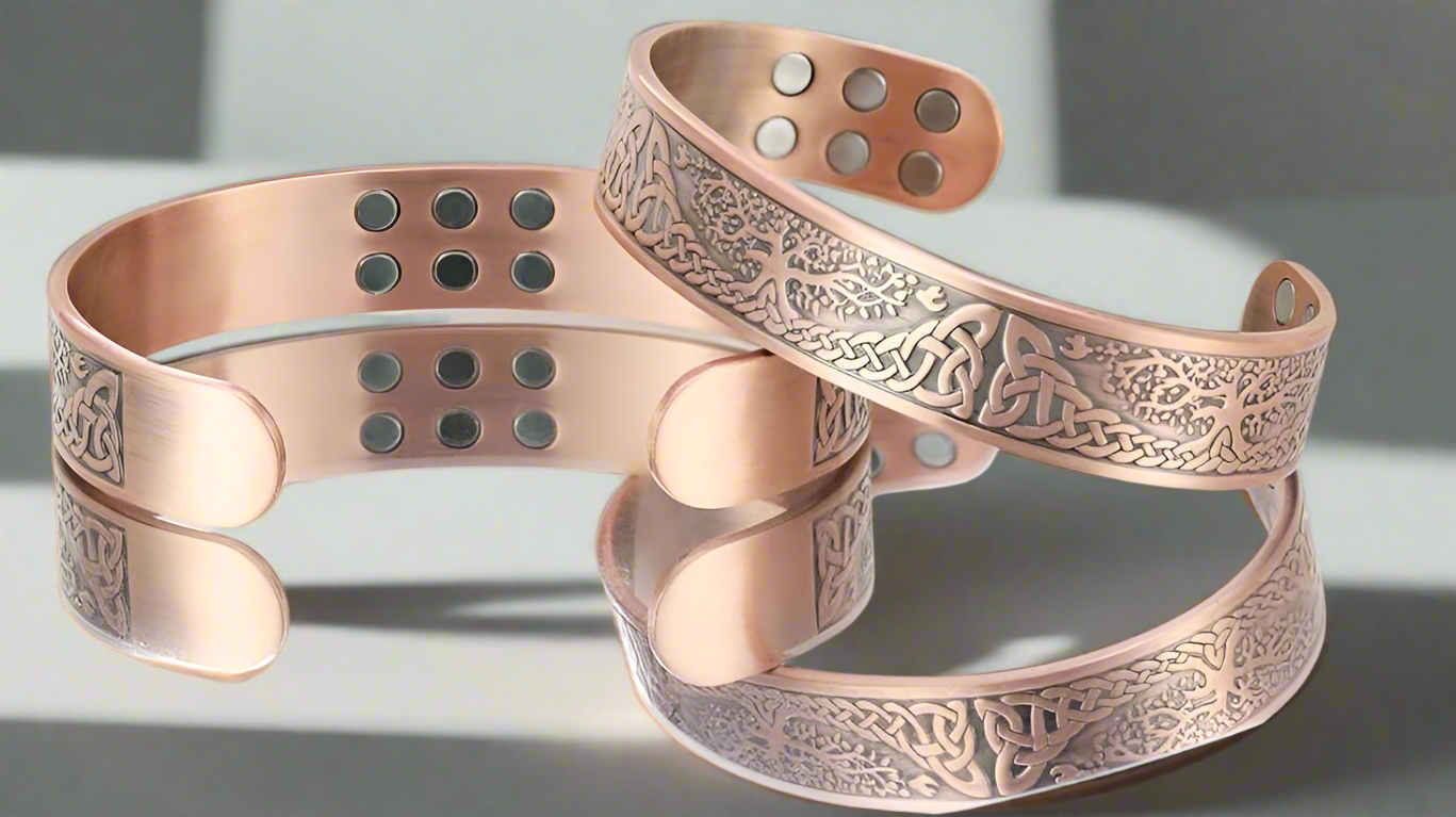 Adjustable copper magnetic cuff bangle with Tree of Life design, hypoallergenic, suitable for sensitive skin.