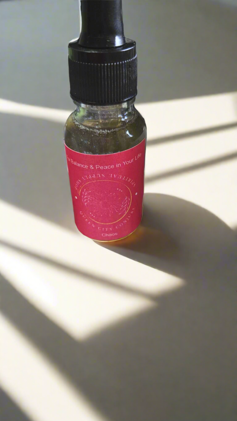 Chaos spiritual Oil bottle for balance and peace, featuring sacred herbs and mystical oils.