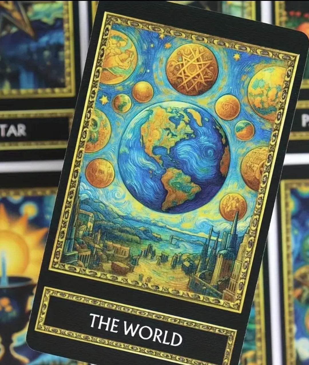 Van Gogh Tarot Cards full deck featuring "The World" card with vibrant illustrations.