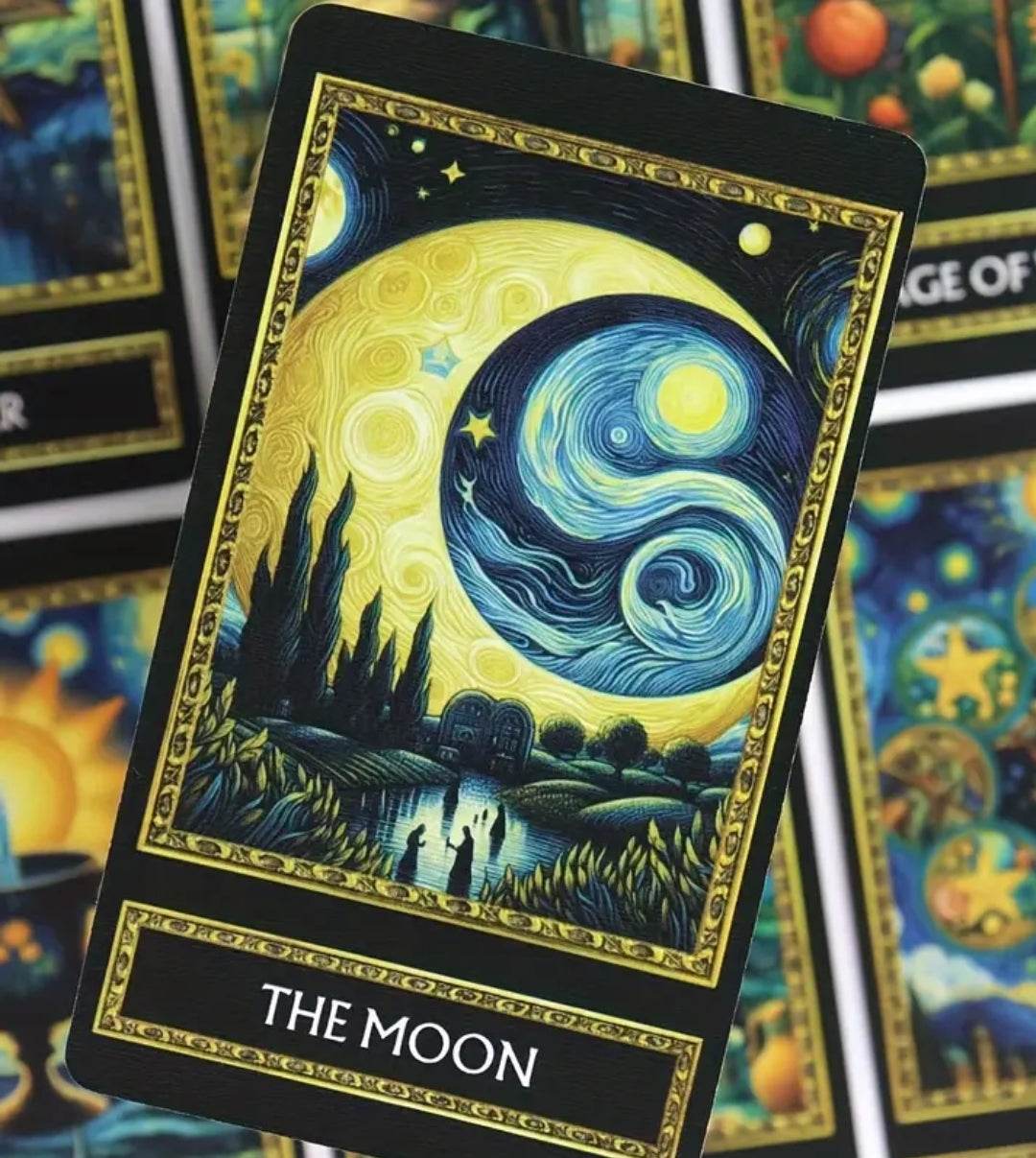Van Gogh Tarot Cards - Mystical full deck with vivid illustrations showing "The Moon" card.