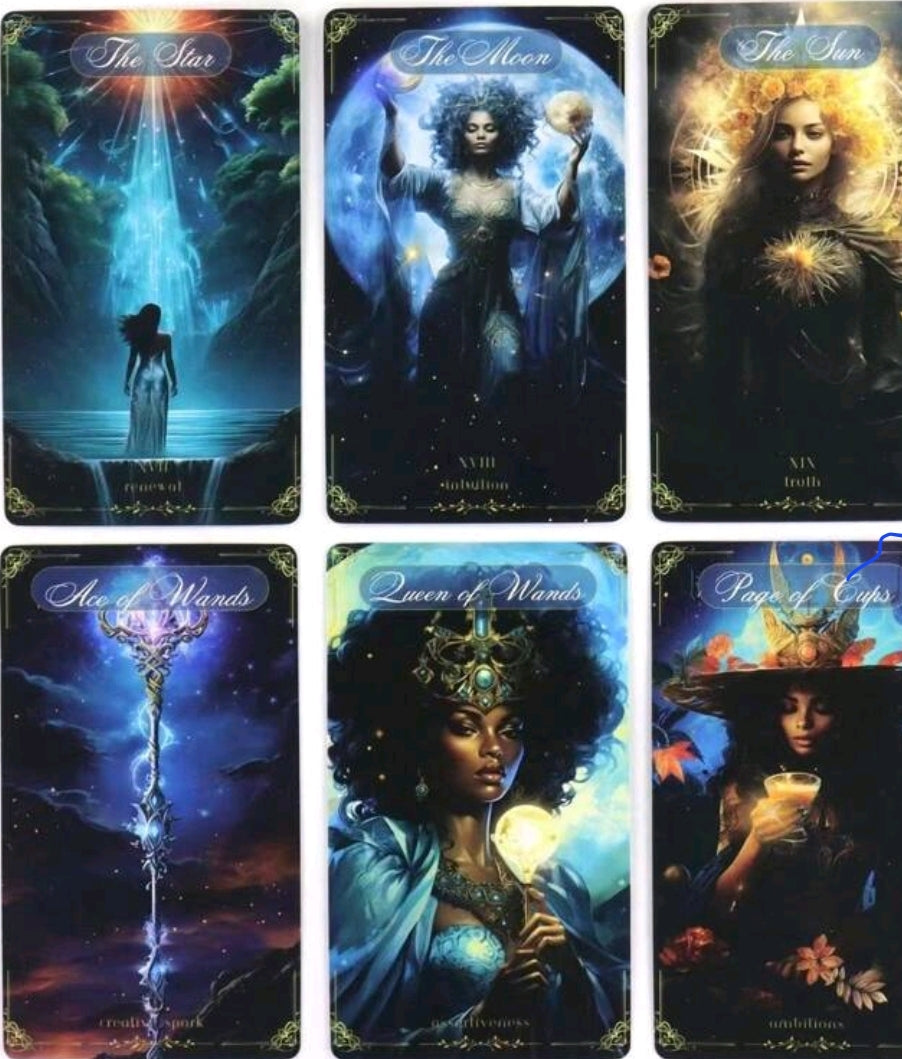 Divine Celestial Tarot cards featuring vibrant, detailed illustrations of The Star, The Moon, The Sun, Ace of Wands, Queen of Wands, and Page of Cups for divination and meditation.