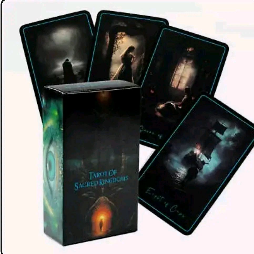 Tarot of Sacred Kingdoms 78-card deck with dark mystical illustrations and black box packaging for spiritual and energetic divination