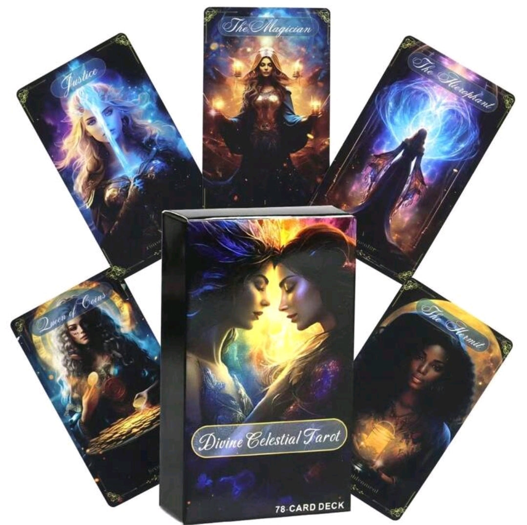 Divine Celestial Tarot 78-card deck with vibrant, mystical artwork for divination and spiritual meditation