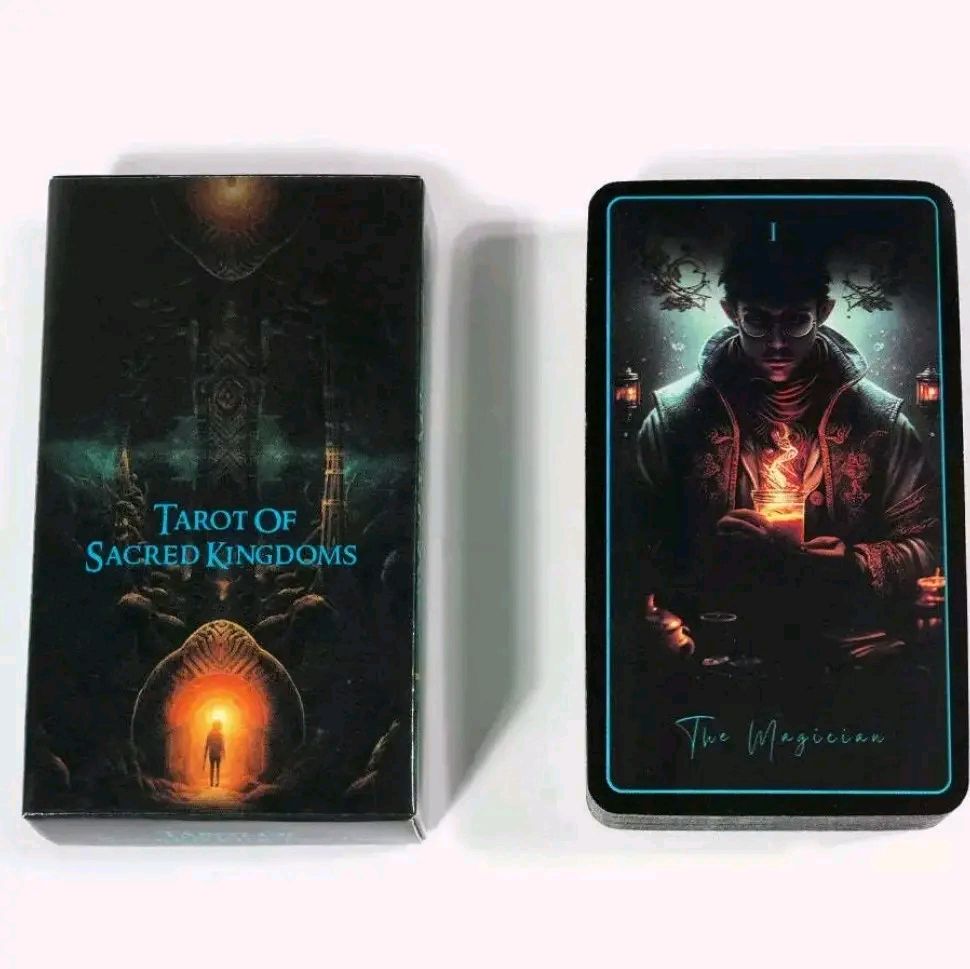 Tarot of Sacred Kingdoms tarot deck with box and The Magician card featuring dark mystical artwork and glowing light effects