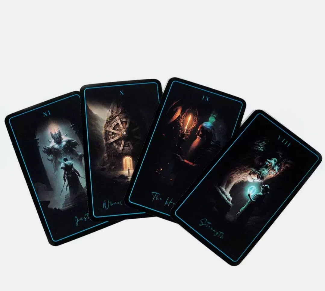 Tarot of Sacred Kingdoms mystical tarot cards featuring dark fantasy illustrations with blue borders and spiritual themes