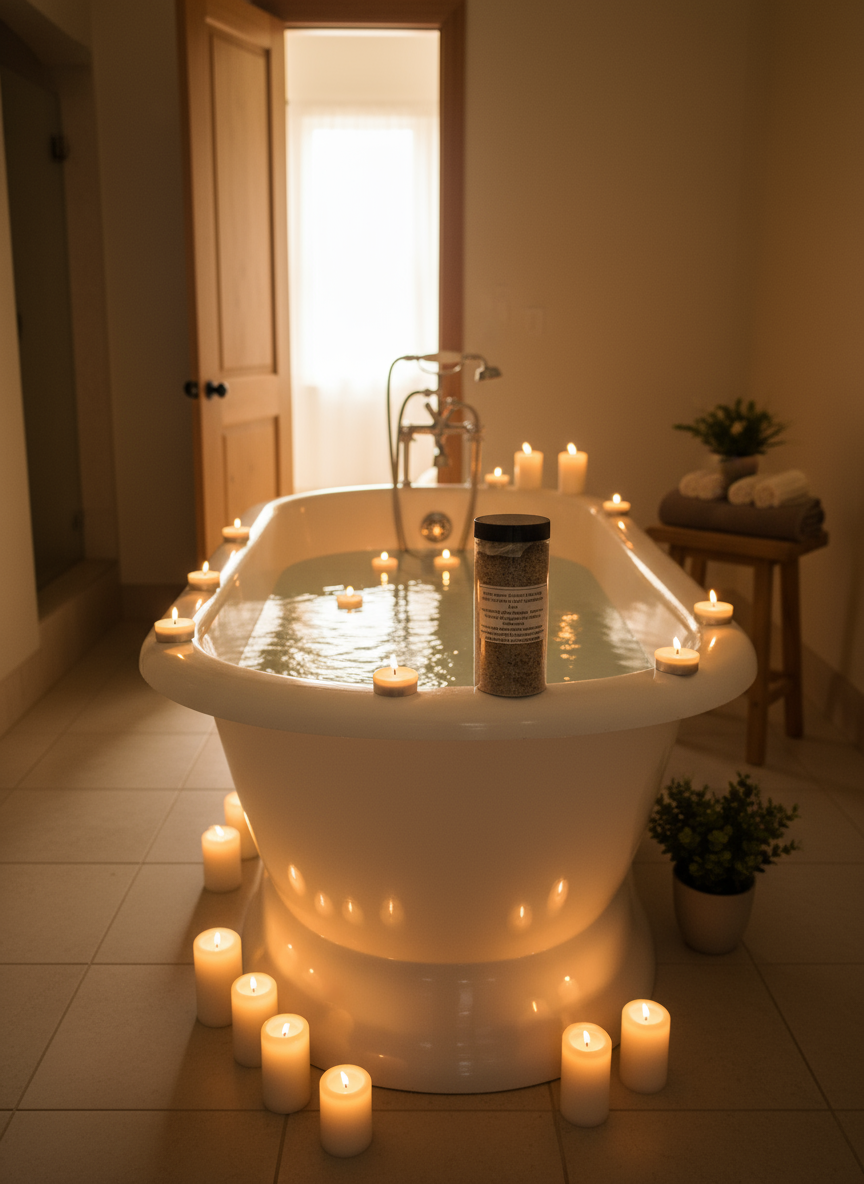 Spiritual Road Opener bath salt in candle-lit bathtub for new beginnings and clear pathways