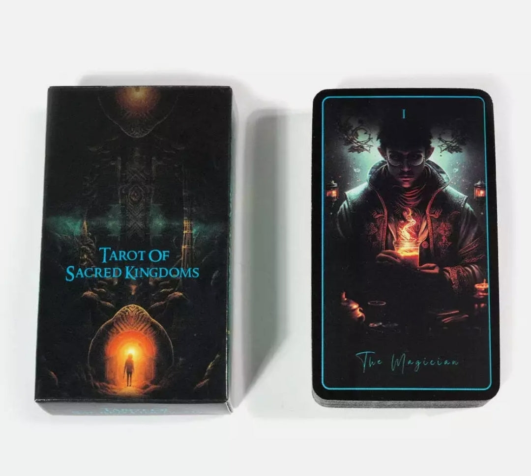 Tarot of Sacred Kingdoms 78-card deck with mystical artwork and The Magician card for spiritual divination and energy resonance guidance