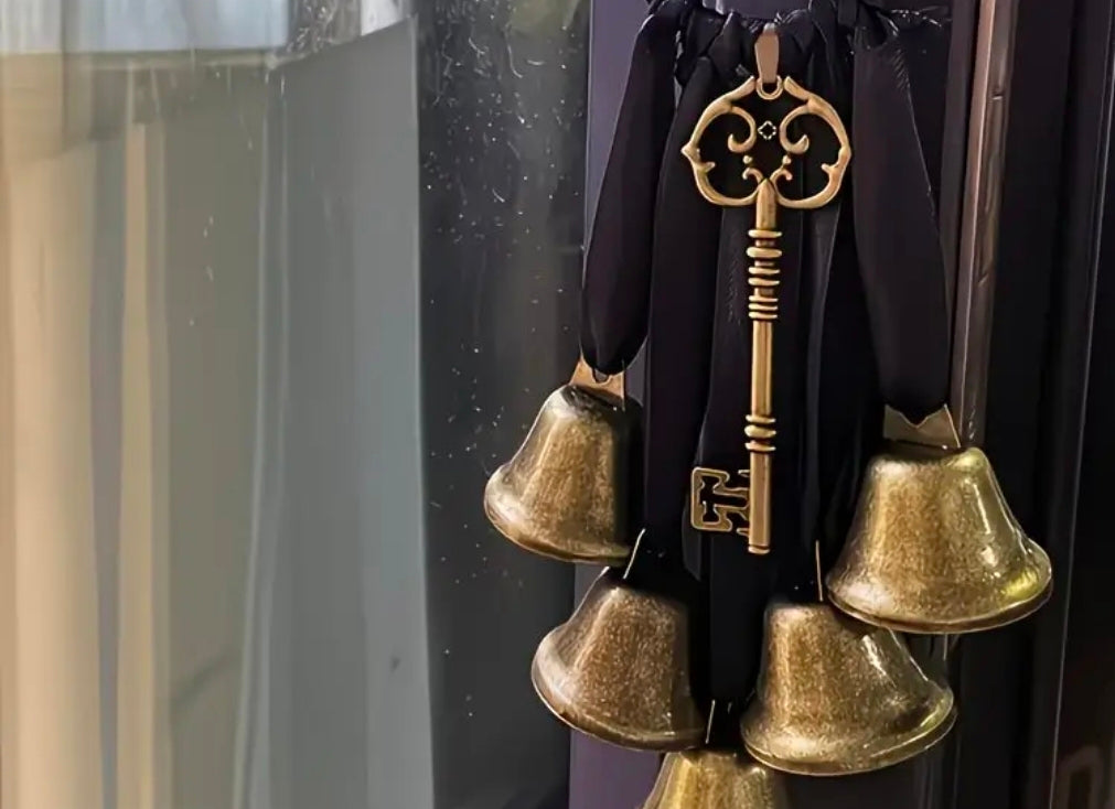 Decorative key with hanging bells against a dark background