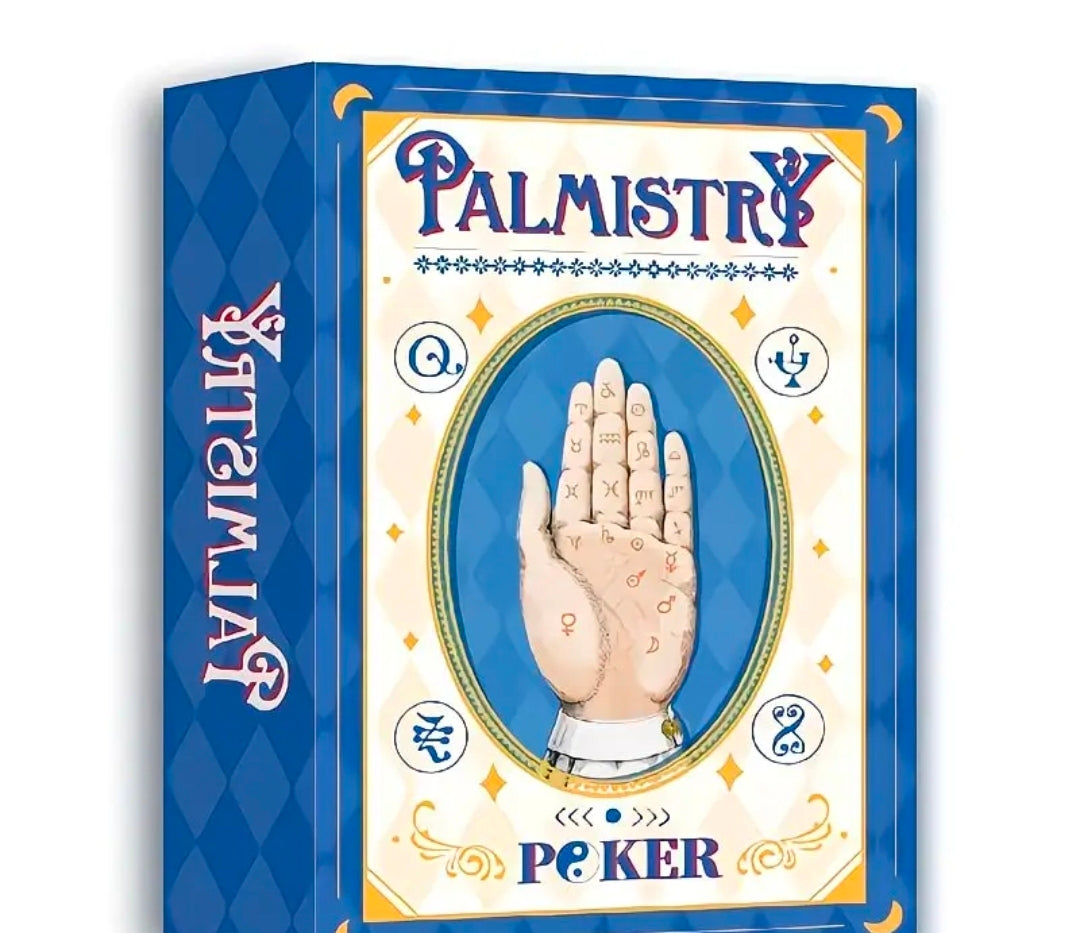 Palmistry card game box with a hand illustration and 'Poker' branding on a blue and white background.