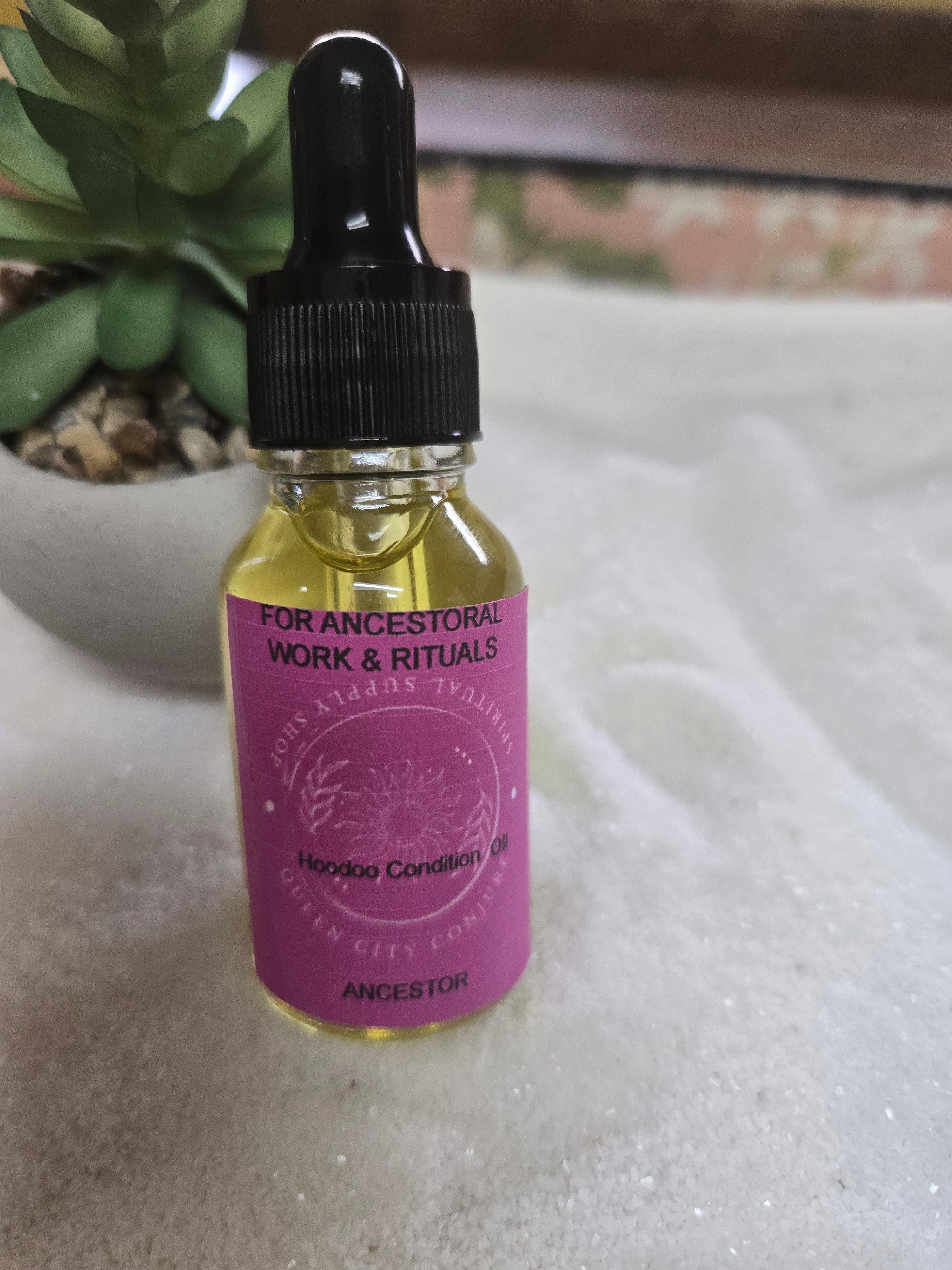 Ancestor oil bottle for veneration rituals, featuring herbal blend for spiritual guidance.